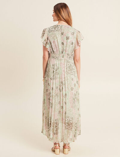 Robe longue évasée plissée vert clair femme
