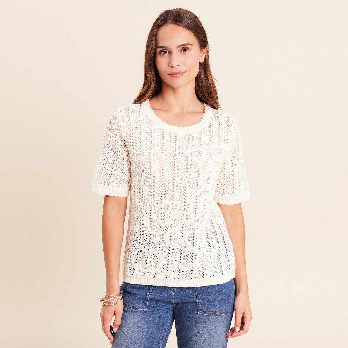 Pull ajour&eacute; col rond ecru femme