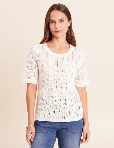 Pull ajour&eacute; col rond ecru femme