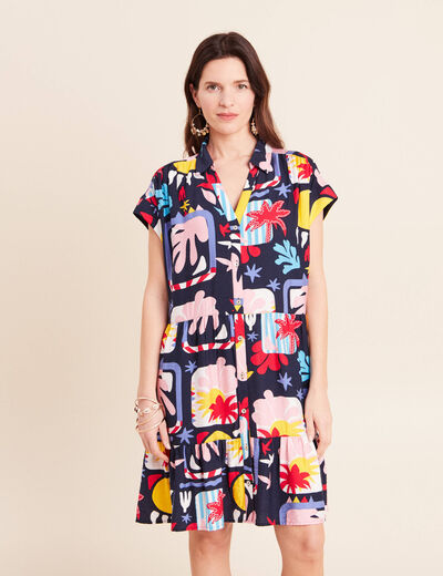 Robe courte &eacute;vas&eacute;e col chemise multicolore femme
