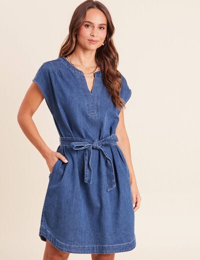 Robe droite courte manches tr&egrave;s courtes denim double stone femme