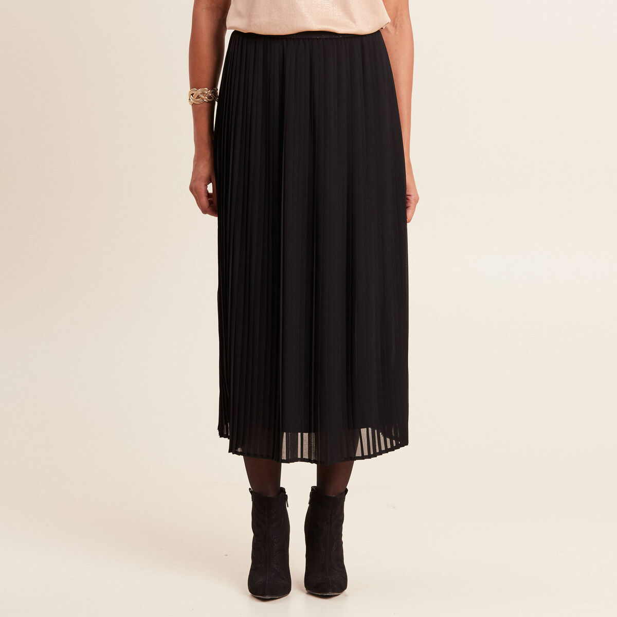 Jupe longue &eacute;vas&eacute;e pliss&eacute;e noir femme