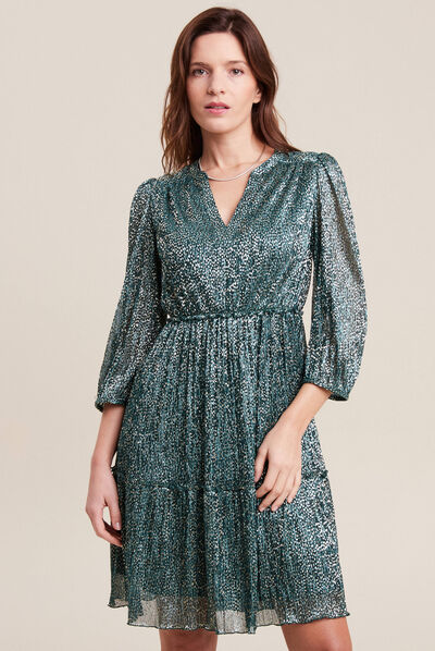 Robe évasée plissée vert foncé femme