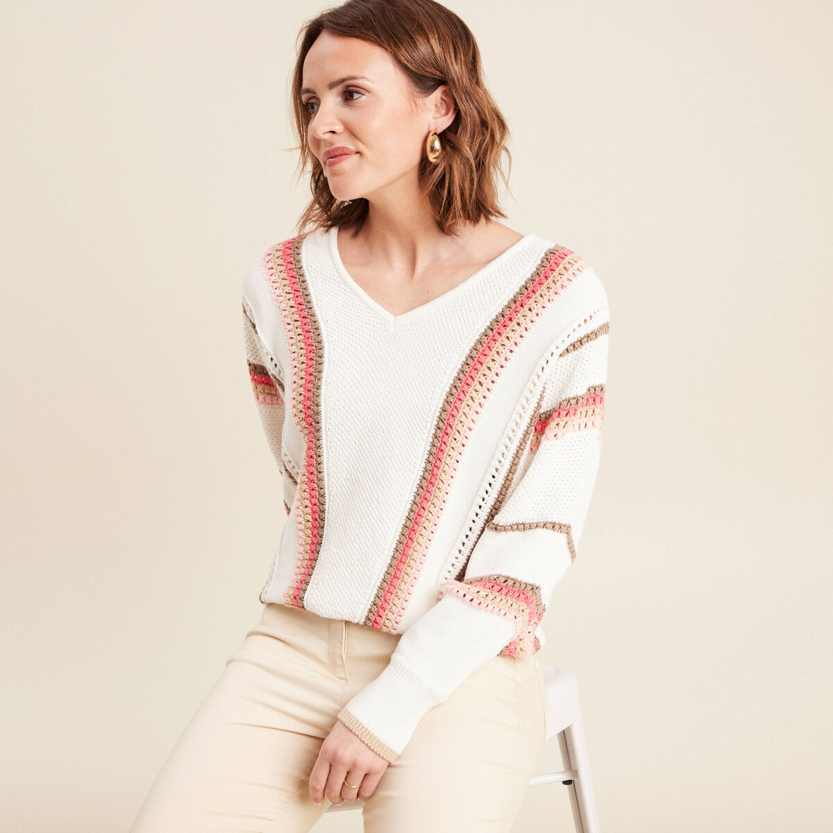 Pull manches longues ecru femme