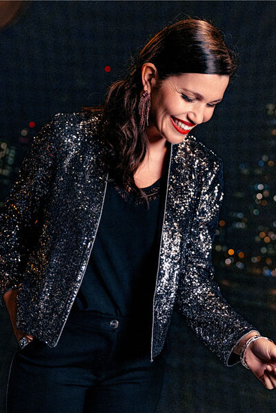 Veste col châle avec sequins gris argent femme