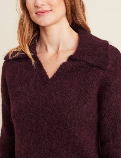 Pull manches longues col polo bordeaux femme