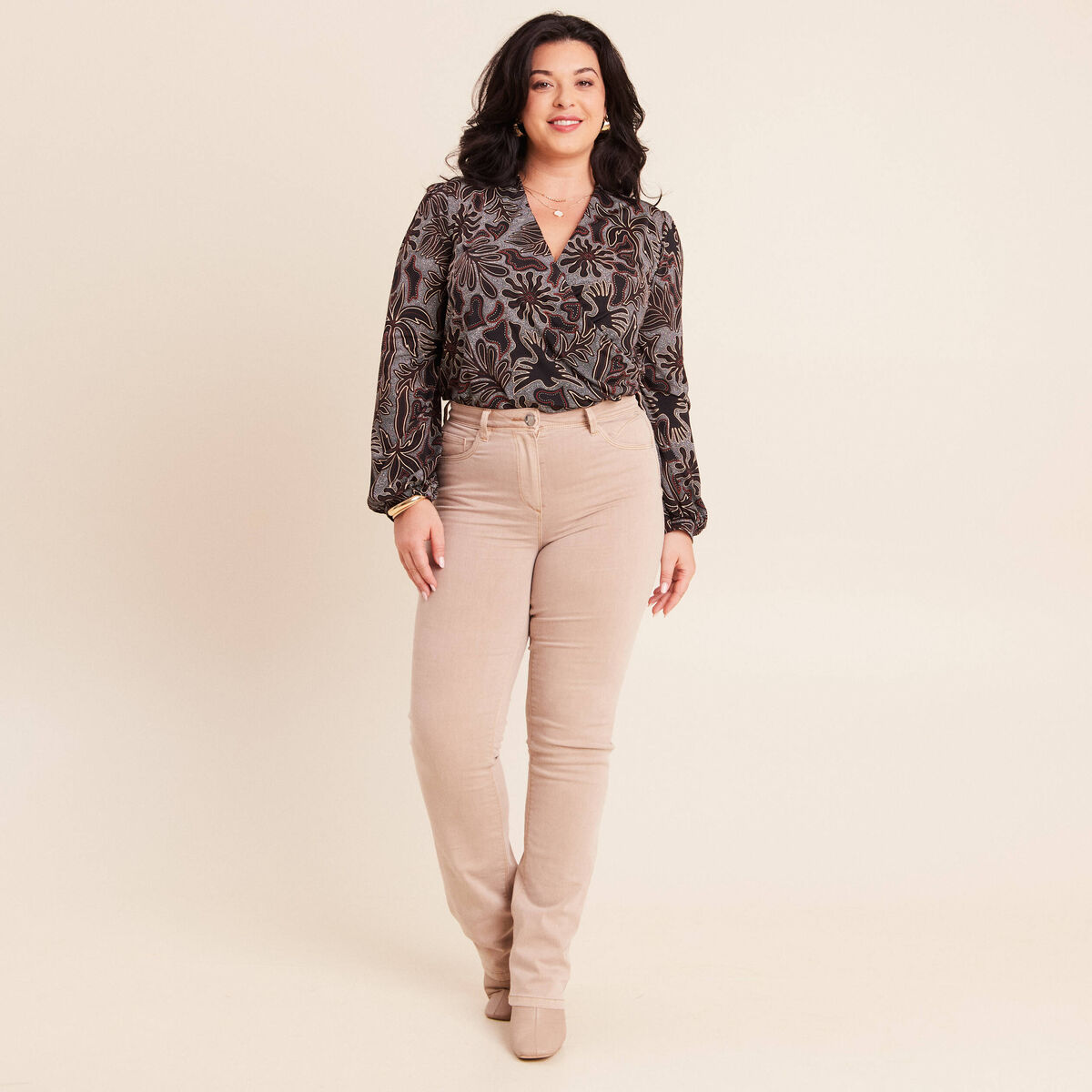 Jean coupe droite taille haute denim beige femme
