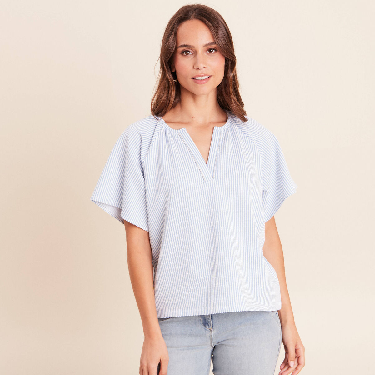 Blouse courte bas resserr&eacute; bleu femme