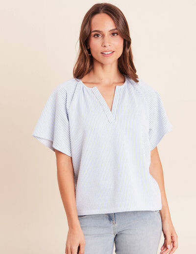Blouse courte bas resserr&eacute; bleu femme