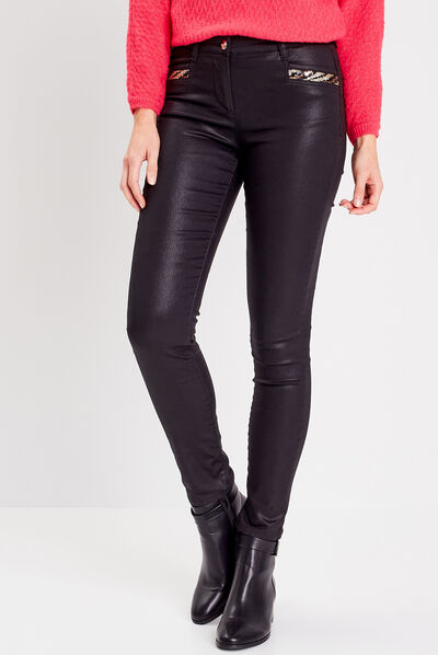Pantalon ajusté enduit noir femme