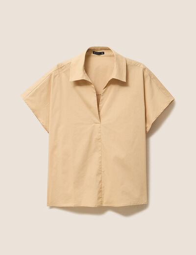 Blouse ample col chemise manches courtes beige femme