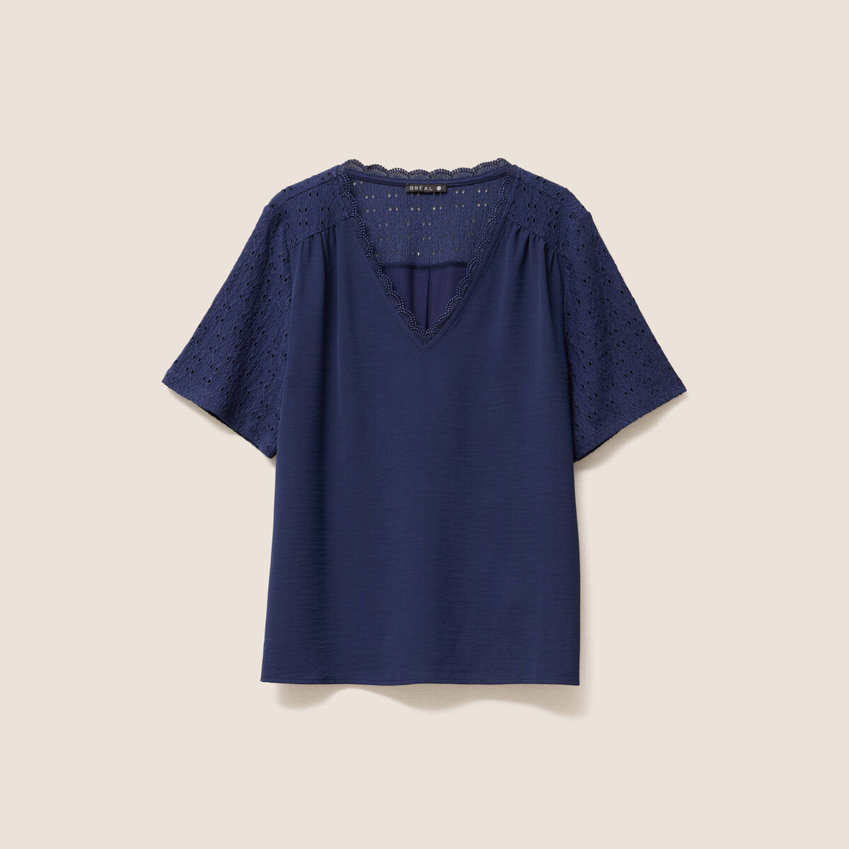 Blouse col V manches courtes bleu marine femme