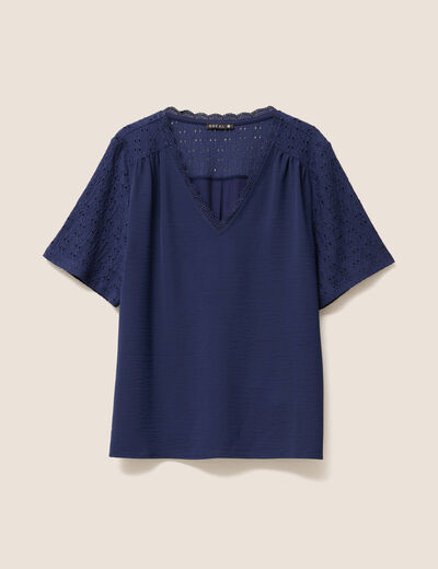 Blouse col V manches courtes bleu marine femme