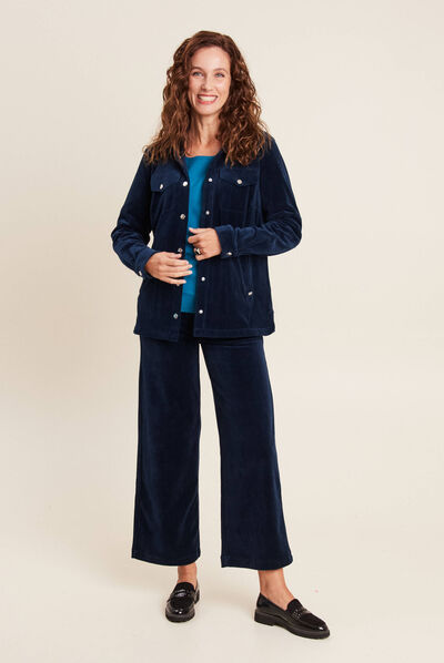 Pantalon large velours bleu marine femme