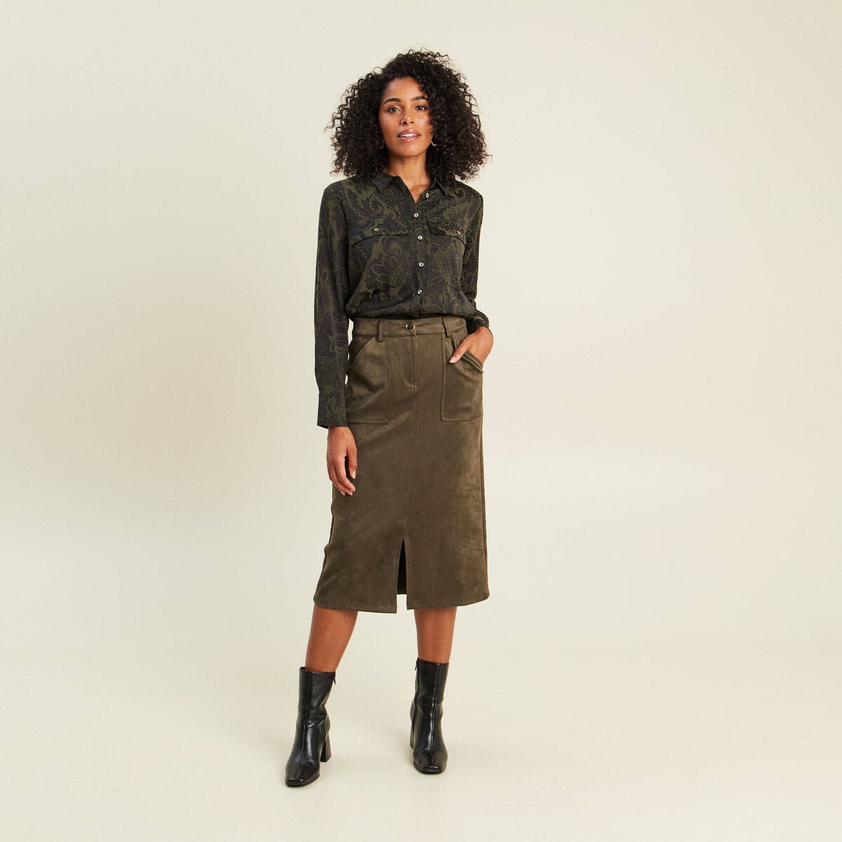 Jupe longue droite su&eacute;dine vert kaki femme