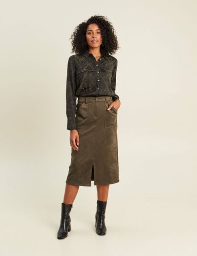 Jupe longue droite su&eacute;dine vert kaki femme