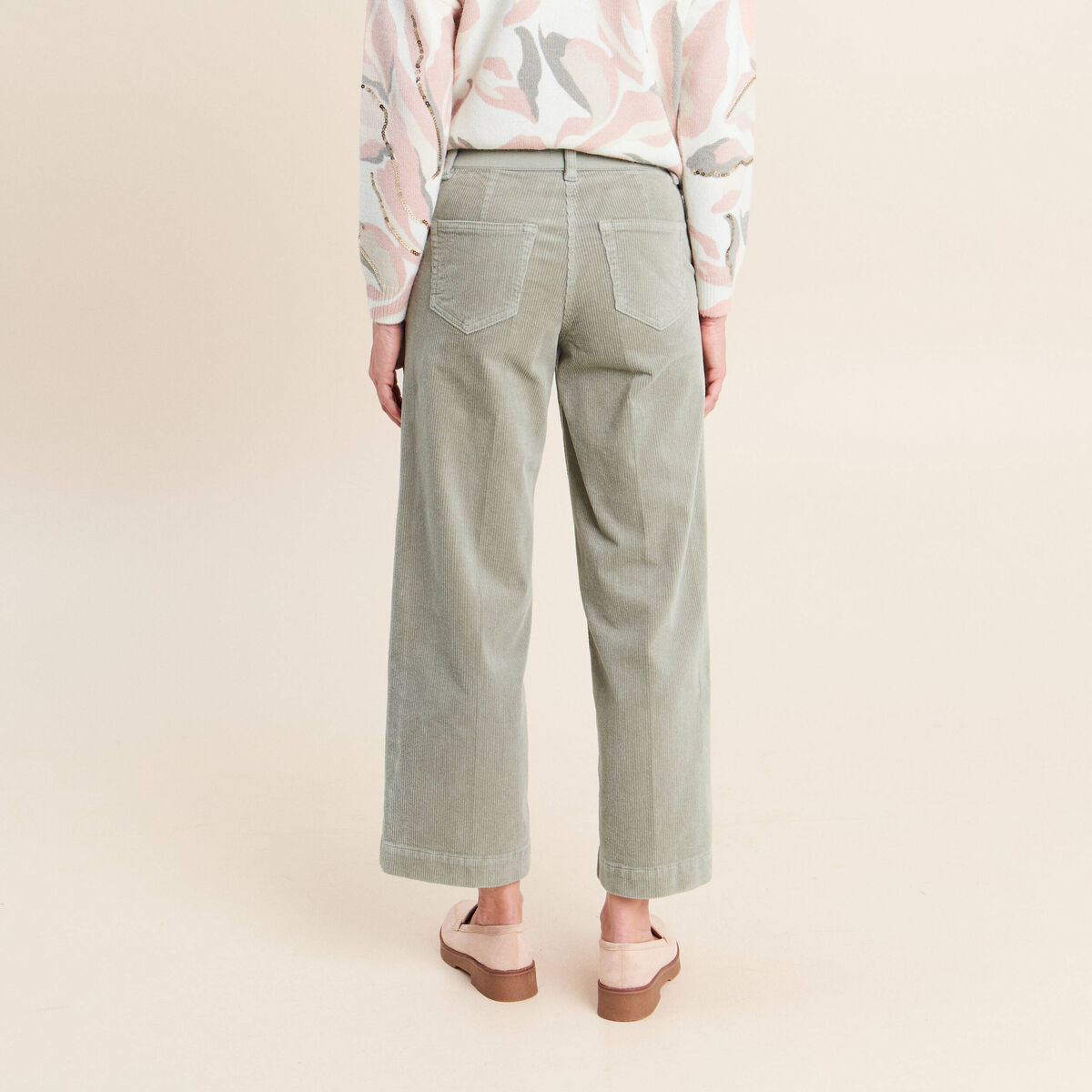 Pantalon large velours c&ocirc;tel&eacute; vert clair femme