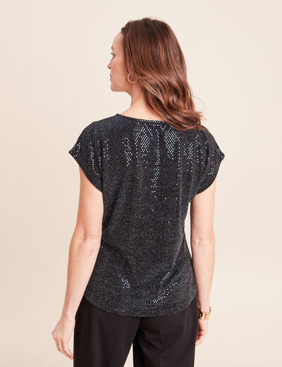 T-shirt cintr&eacute; &agrave; sequins col rond bleu marine femme