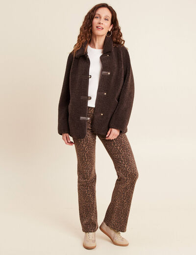 Manteau droit effet mouton marron fonc&eacute; femme
