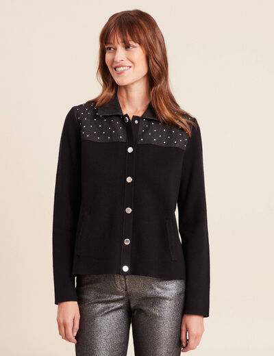 Gilet col rond manches longues strass noir femme
