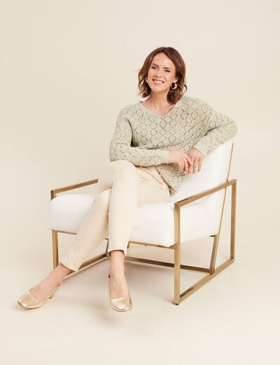 Pull manches longues ajouré vert femme