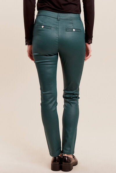 Pantalon ajusté enduit vert femme