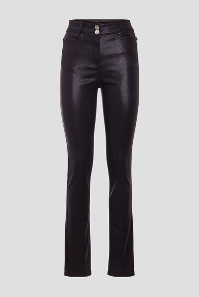 Pantalon ajusté enduit noir femme