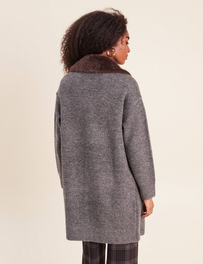 Gilet droit long col chemise gris fonc&eacute; femme