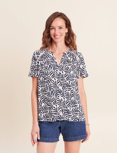Blouse col v manches courtes fluide bleu femme