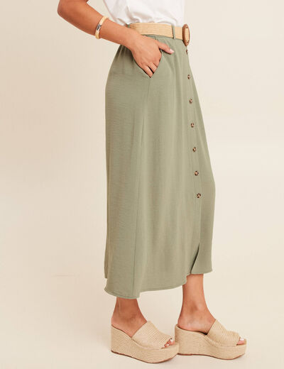 Jupe longue évasée ceinture amovible vert kaki femme