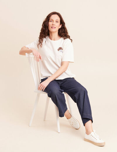T-shirt avec print et broderie sequins ecru femme