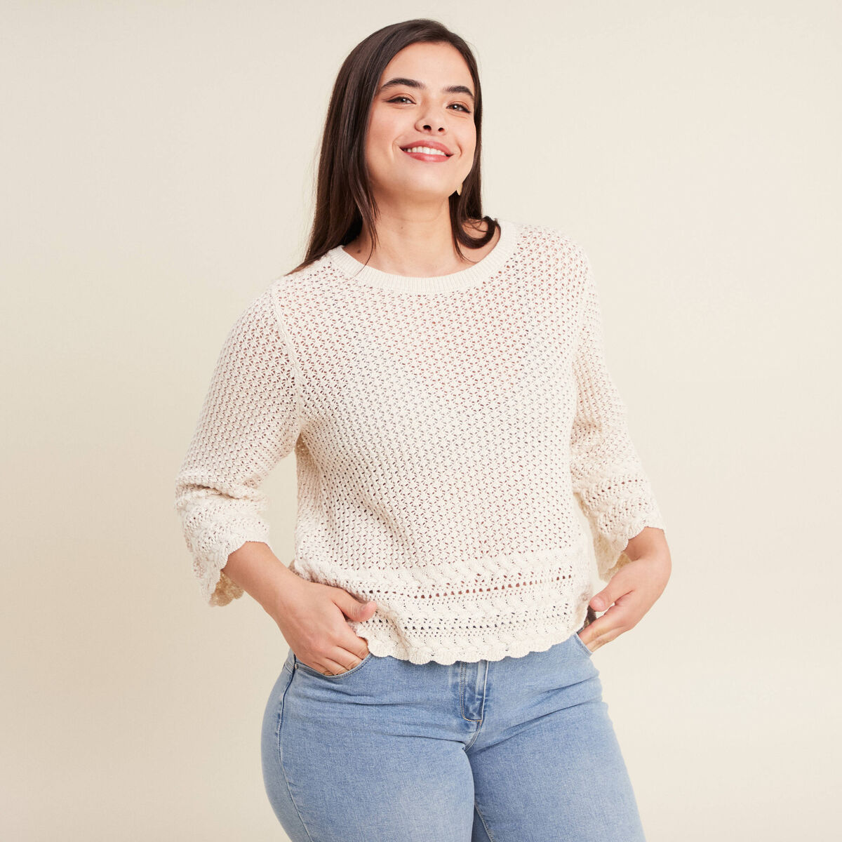 Pull manches 3/4 ajouré ecru femme