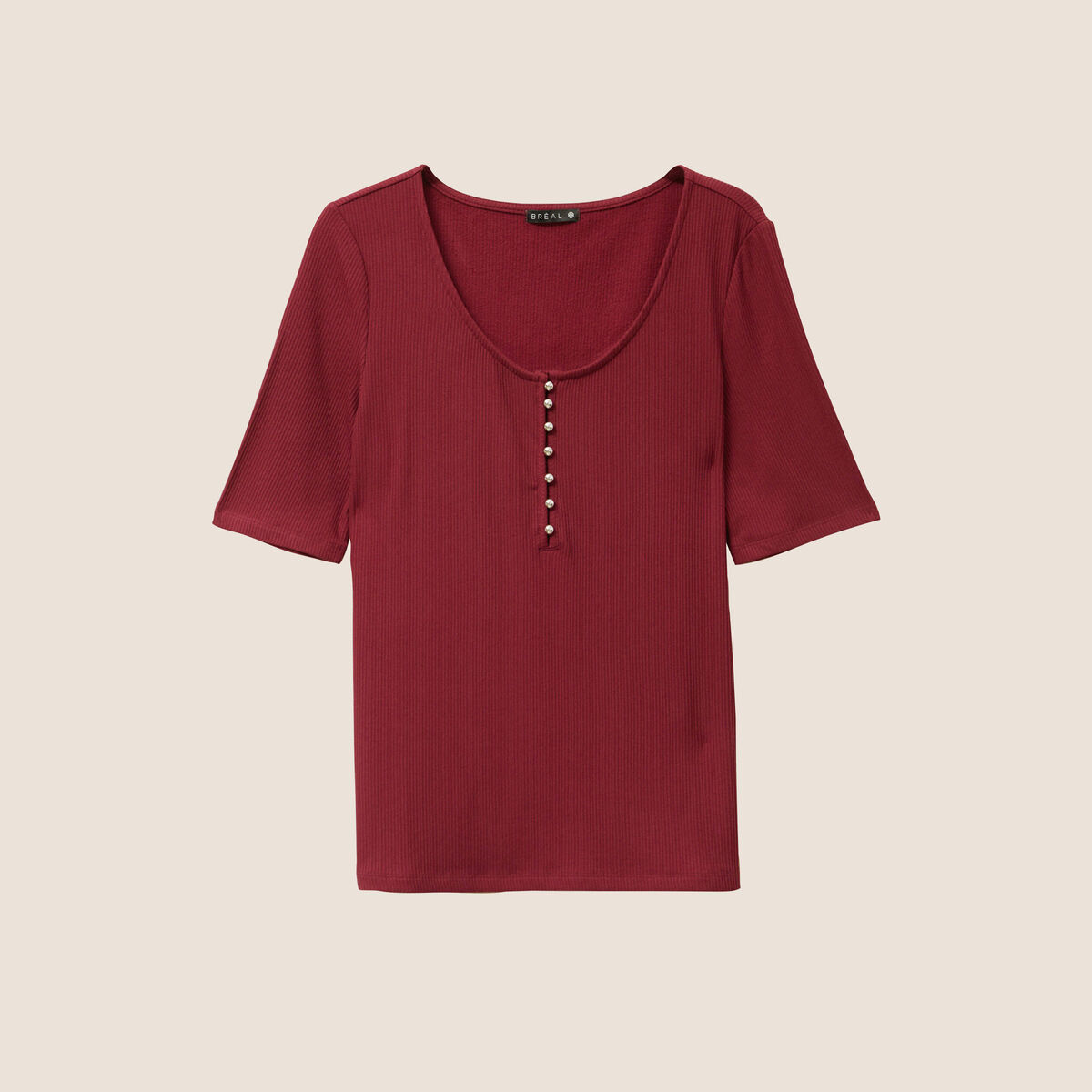 T-shirt cintr&eacute; col v manches coudes bordeaux femme