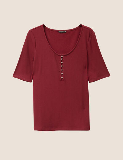T-shirt cintr&eacute; col v manches coudes bordeaux femme