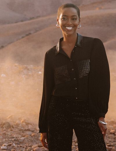Chemise fluide &agrave; sequins manches longues noir femme