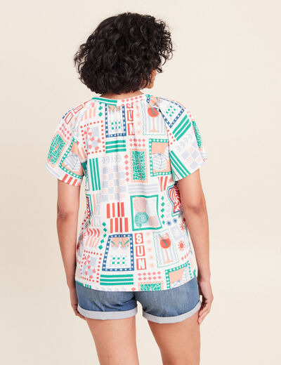 Blouse col tunisien manches courtes bleu femme