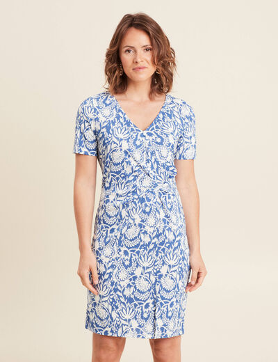 Robe droite courte col V bleu femme