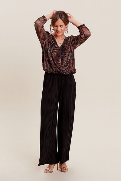 Pantalon large plissé 7/8ème noir femme