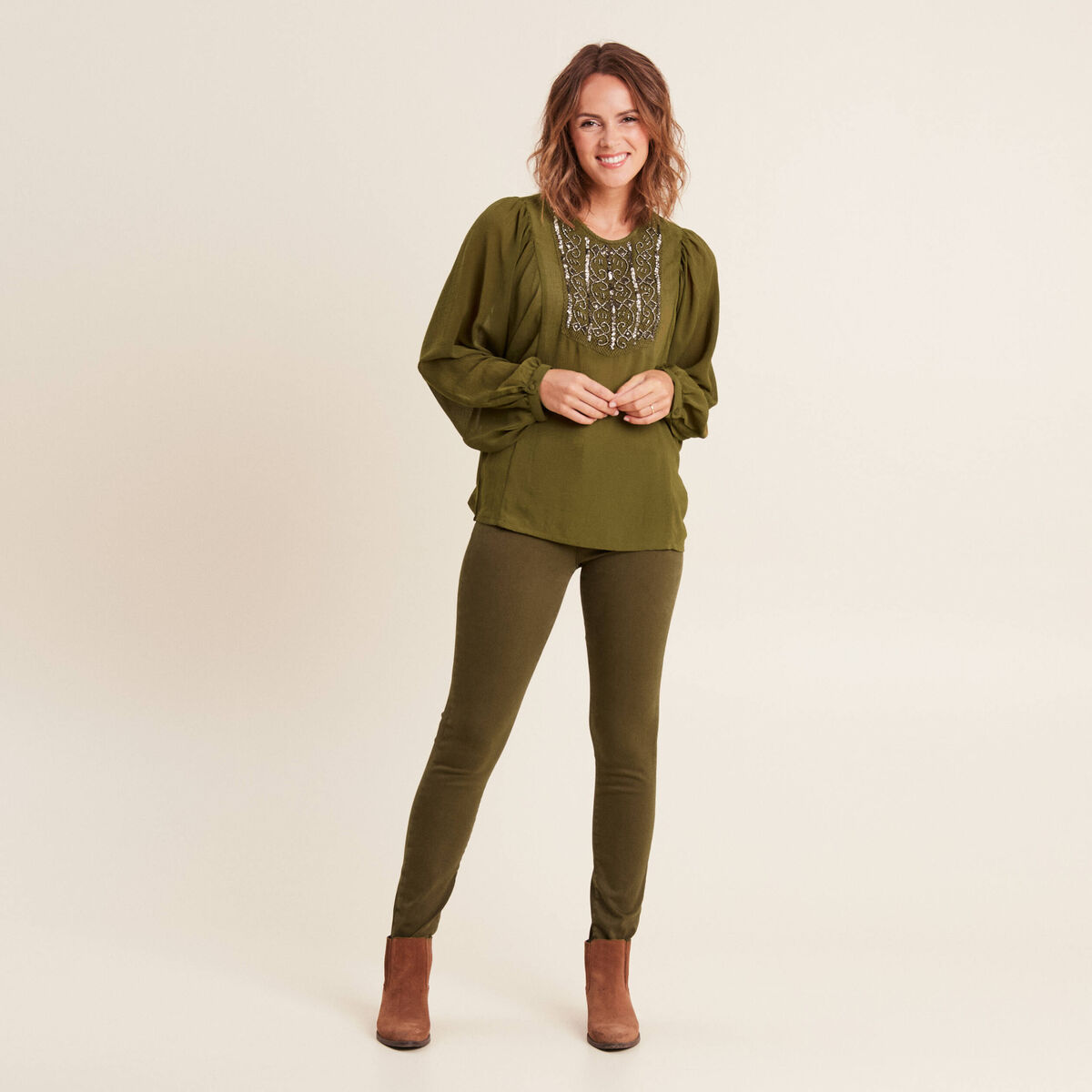 Blouse manches longues vert olive femme