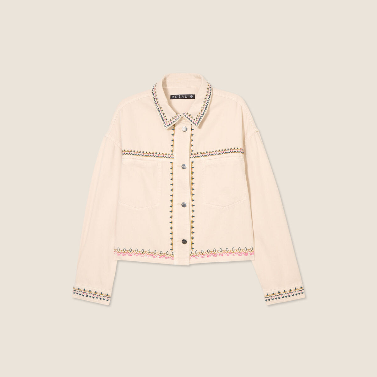Veste en jean brod&eacute;e denim beige femme