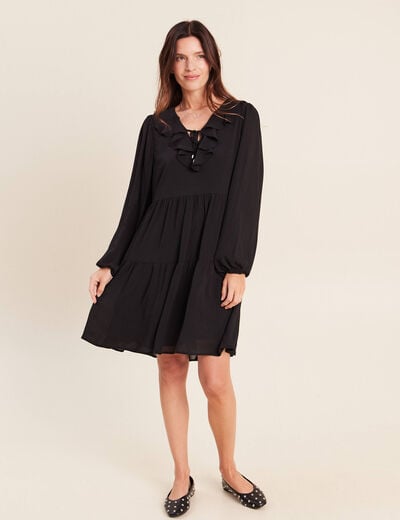 Robe courte &eacute;vas&eacute;e col v manches longues noir femme