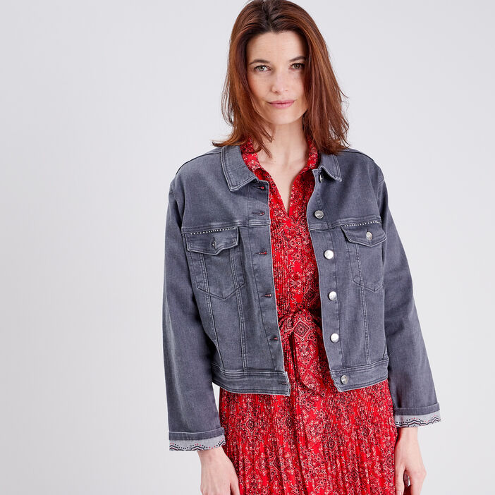 Veste droite en jean denim gris femme