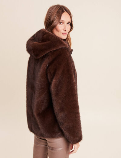 Manteau en fausse fourrure &agrave; capuche marron fonc&eacute; femme