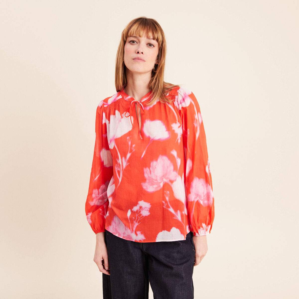 Blouse ample en voile manches longues rouge femme