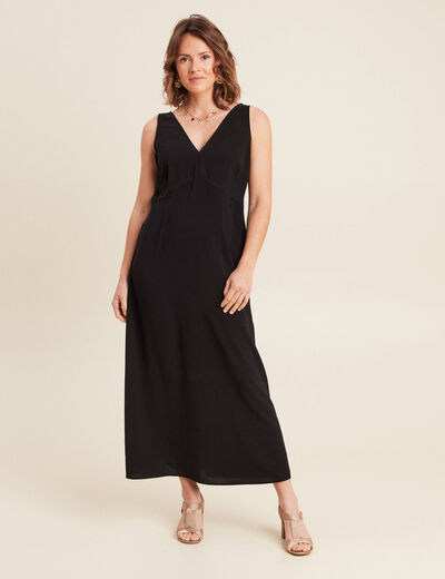 Robe longue fluide col V noir femme