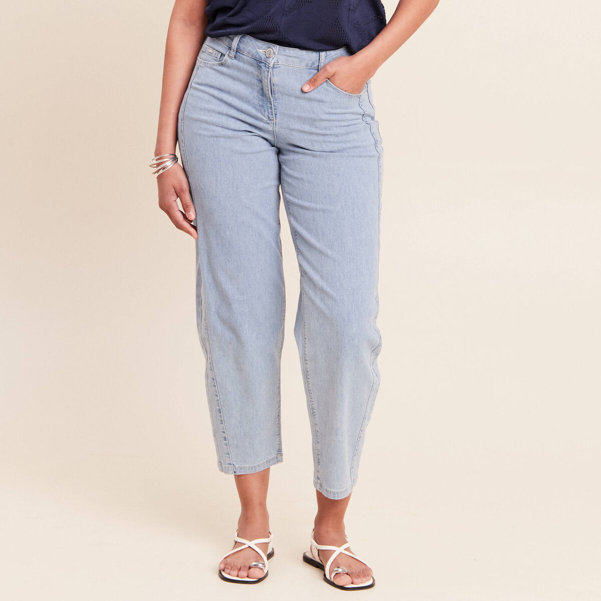 Jean coupe barrel 7/8&egrave;me denim bleach femme