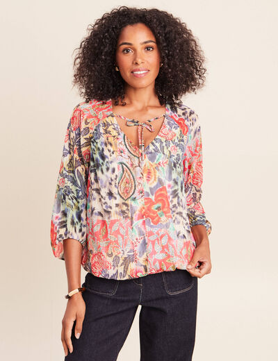 Blouse cintr&eacute;e col v manches 3/4 multicolore femme
