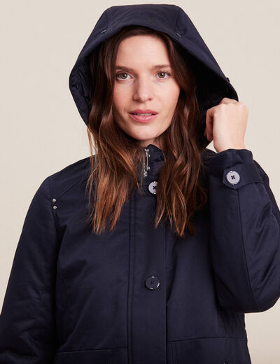 Parka cintrée capuche fourrure bleu foncé femme