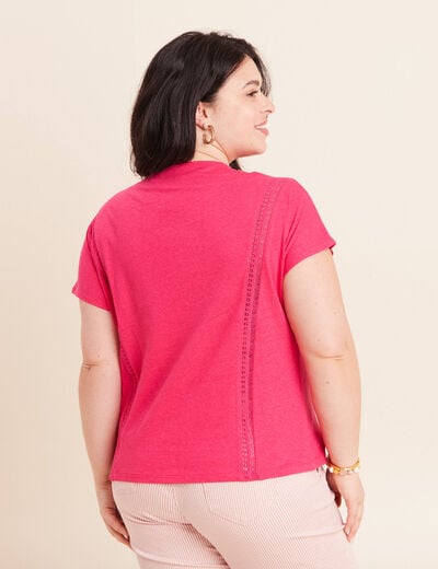 T-shirt col rond macram&eacute; manches courtes rose fushia femme