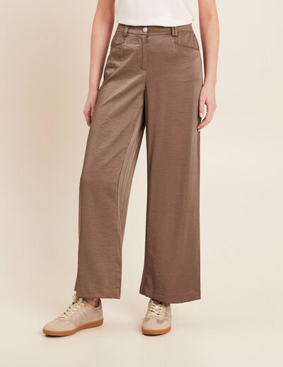 Pantalon large taille haute taupe femme